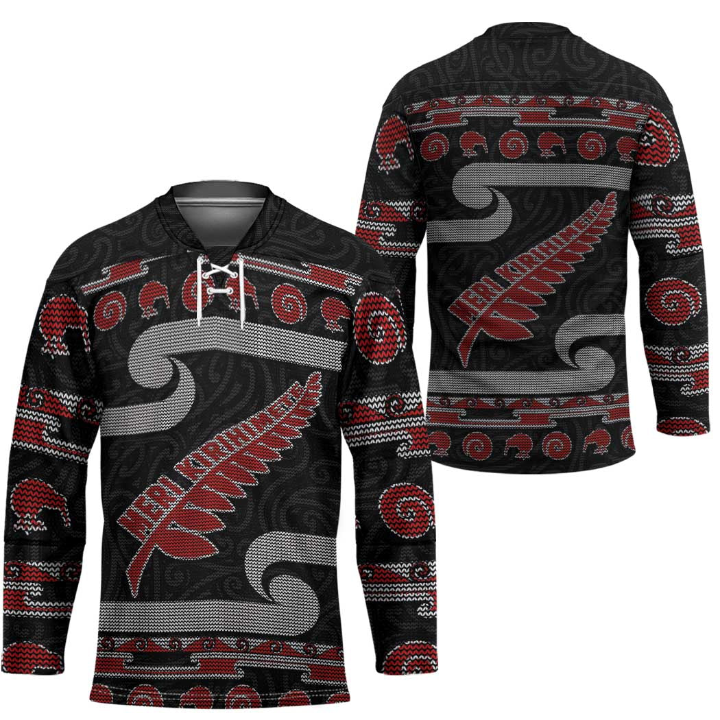 New Zealand Christmas Hockey Jersey Meri Kirihimete Silver Fern Knit Style Red Color LT03 - Polynesian Pride