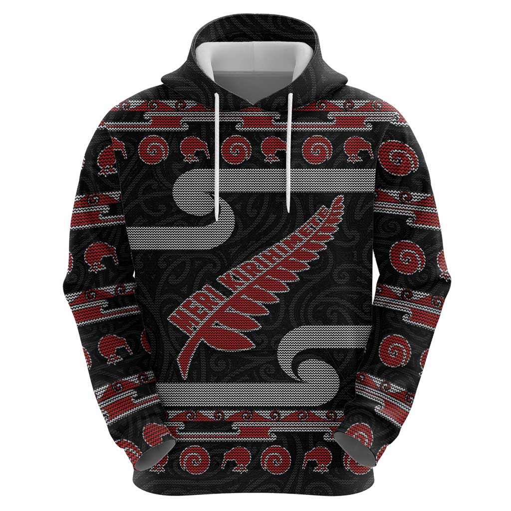 New Zealand Christmas Hoodie Meri Kirihimete Silver Fern Knit Style Red Color LT03 - Polynesian Pride