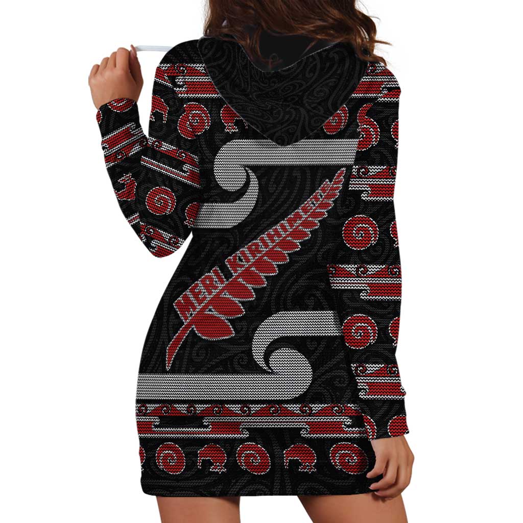 New Zealand Christmas Hoodie Dress Meri Kirihimete Silver Fern Knit Style Red Color LT03 - Polynesian Pride