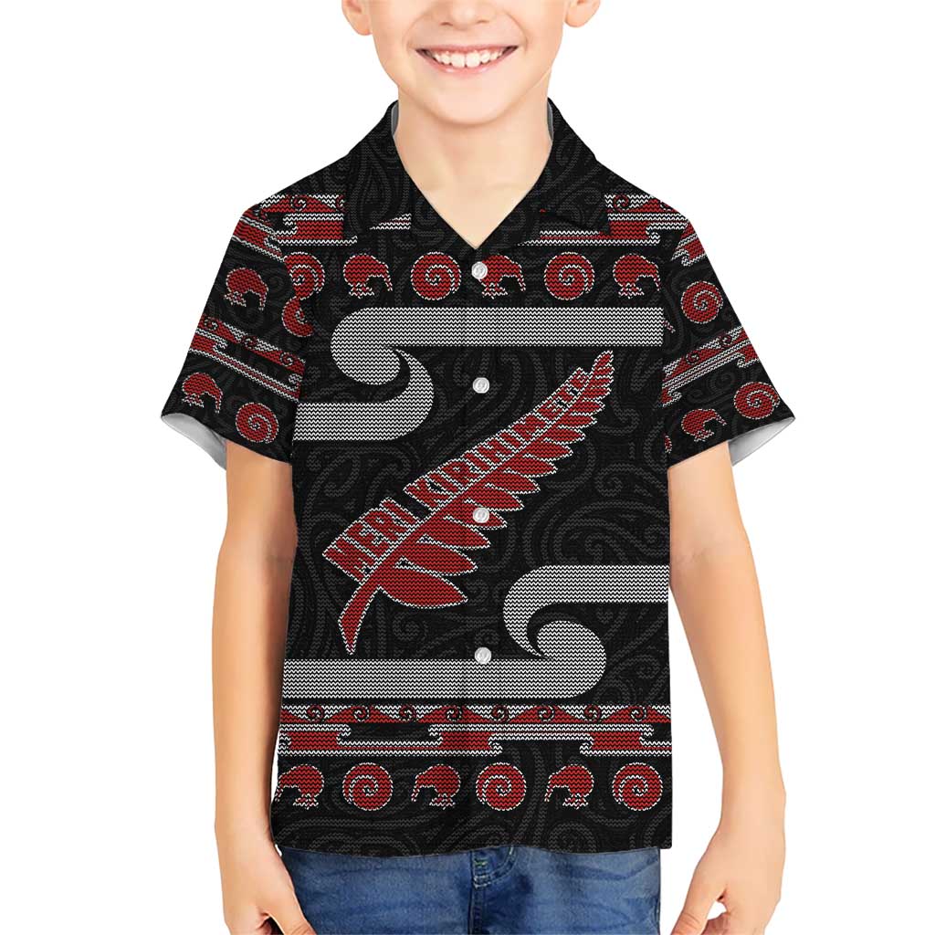 New Zealand Christmas Kid Hawaiian Shirt Meri Kirihimete Silver Fern Knit Style Red Color LT03 Kid Red - Polynesian Pride