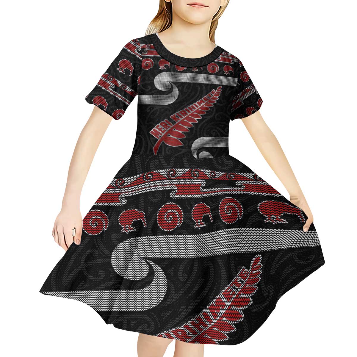 New Zealand Christmas Kid Short Sleeve Dress Meri Kirihimete Silver Fern Knit Style Red Color LT03 - Polynesian Pride