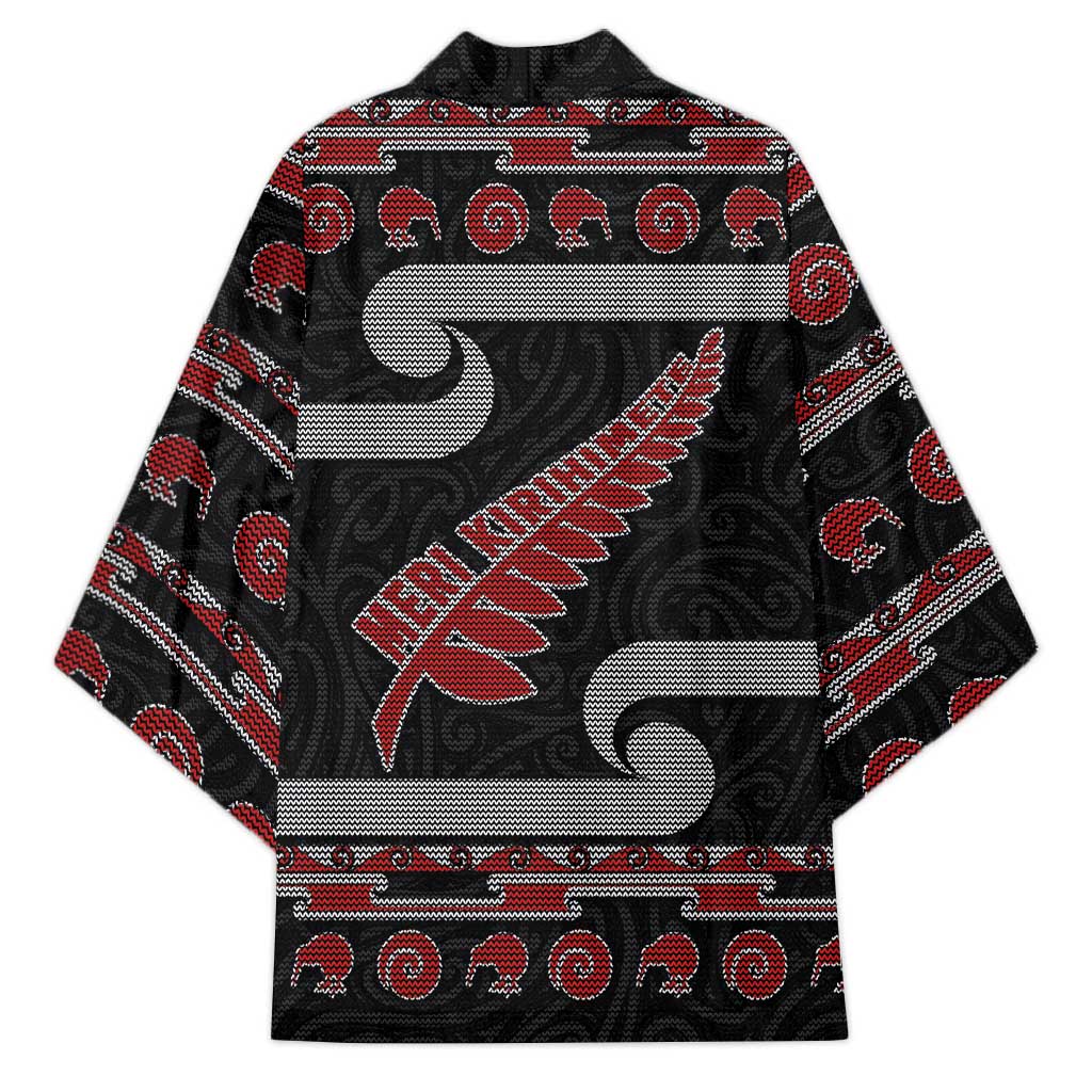 New Zealand Christmas Kimono Meri Kirihimete Silver Fern Knit Style Red Color LT03 - Polynesian Pride