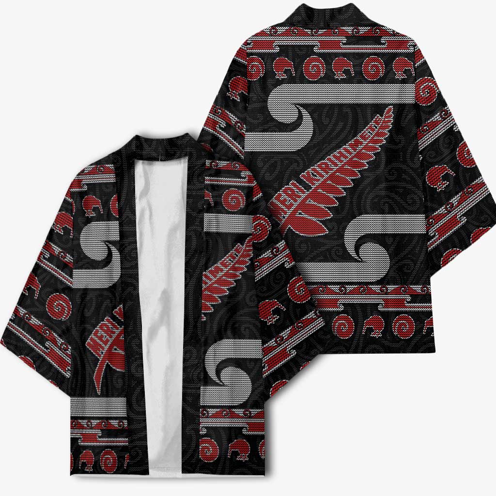 New Zealand Christmas Kimono Meri Kirihimete Silver Fern Knit Style Red Color LT03 - Polynesian Pride