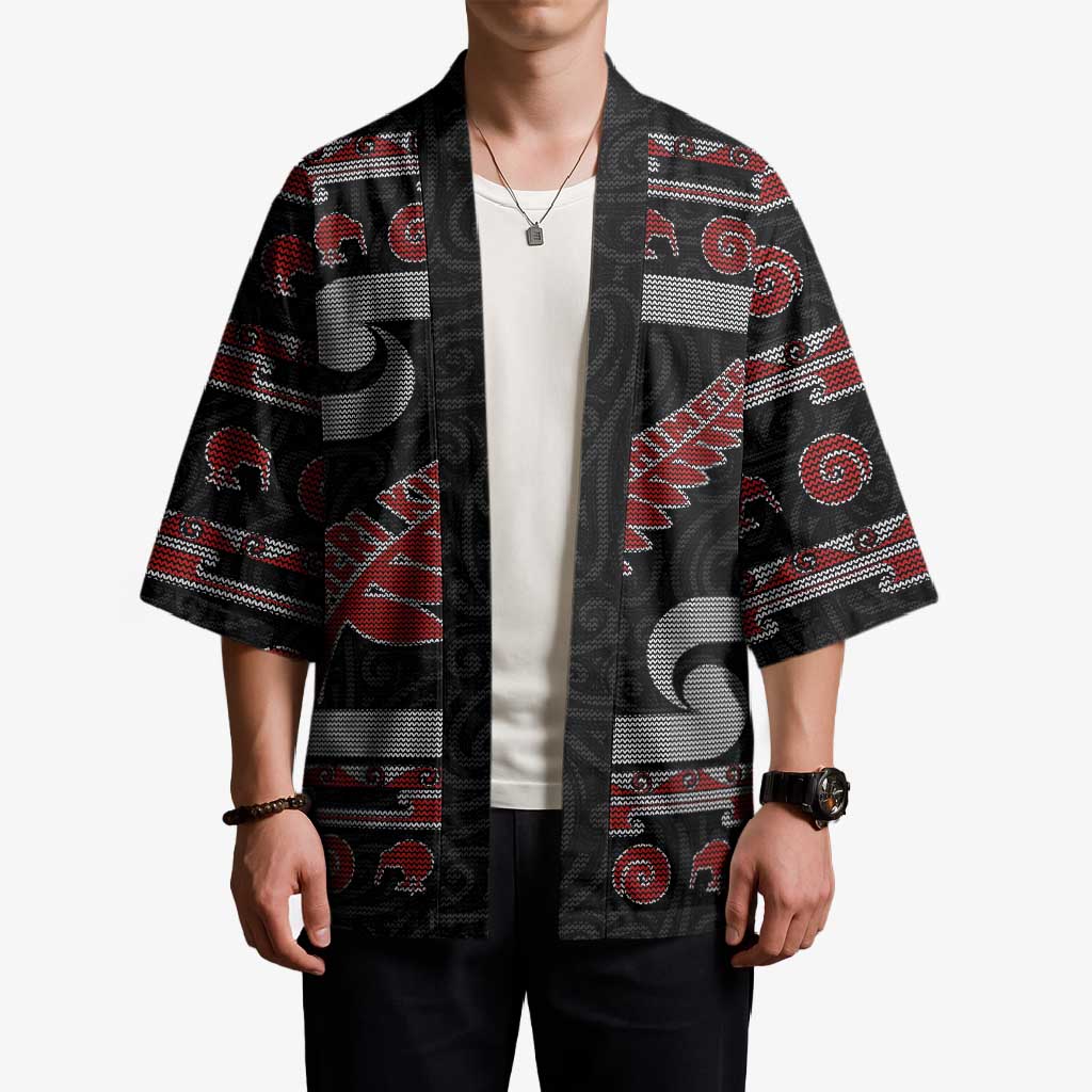 New Zealand Christmas Kimono Meri Kirihimete Silver Fern Knit Style Red Color LT03 - Polynesian Pride