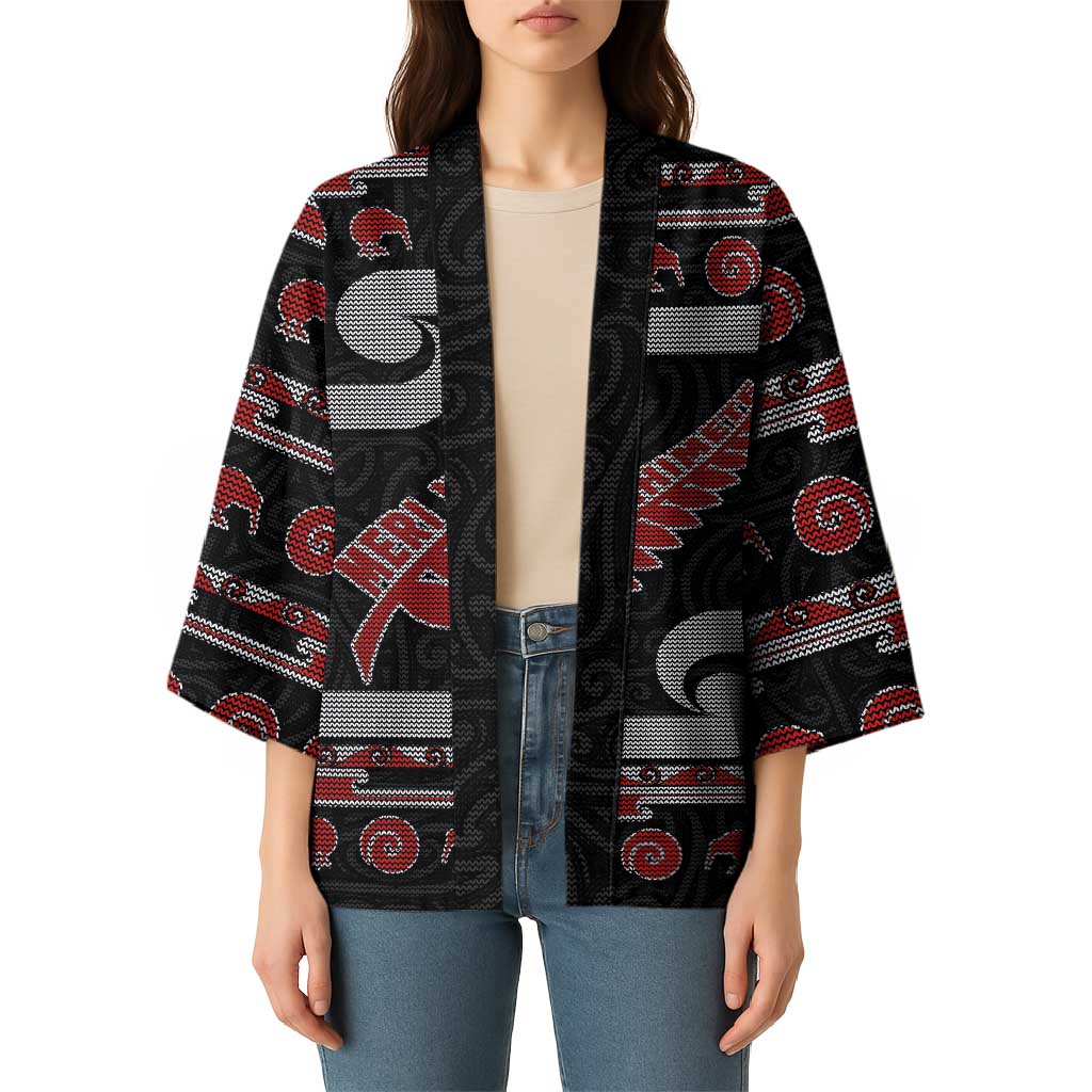 New Zealand Christmas Kimono Meri Kirihimete Silver Fern Knit Style Red Color LT03 - Polynesian Pride