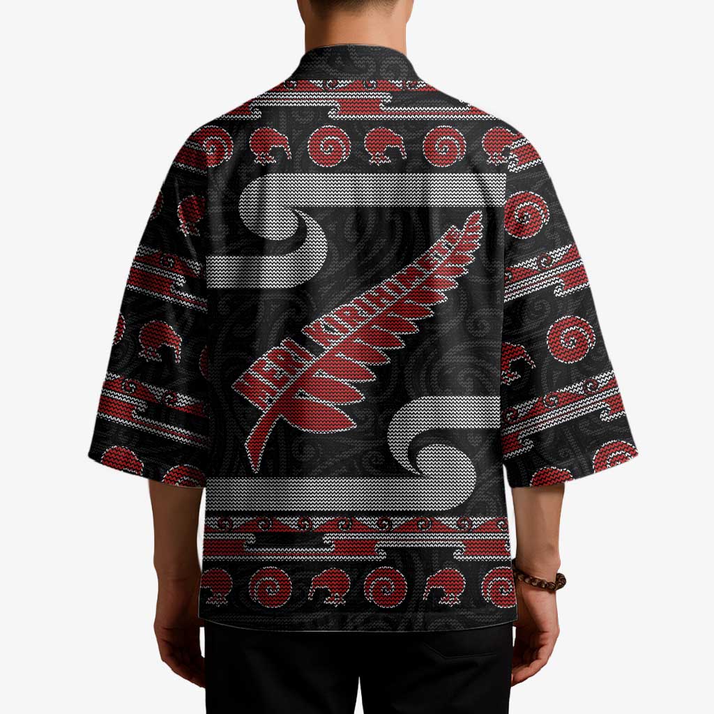 New Zealand Christmas Kimono Meri Kirihimete Silver Fern Knit Style Red Color LT03 - Polynesian Pride
