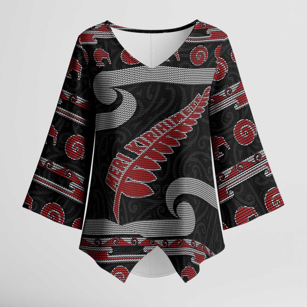 New Zealand Christmas Kimono Sleeve Blouse Meri Kirihimete Silver Fern Knit Style Red Color LT03 Female Red - Polynesian Pride