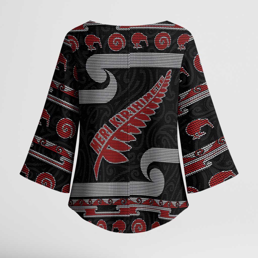 New Zealand Christmas Kimono Sleeve Blouse Meri Kirihimete Silver Fern Knit Style Red Color LT03 - Polynesian Pride