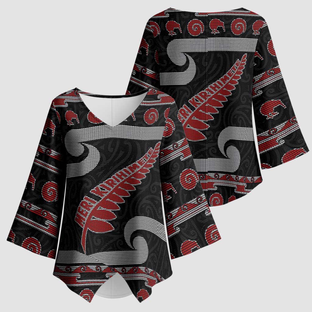 New Zealand Christmas Kimono Sleeve Blouse Meri Kirihimete Silver Fern Knit Style Red Color LT03 - Polynesian Pride