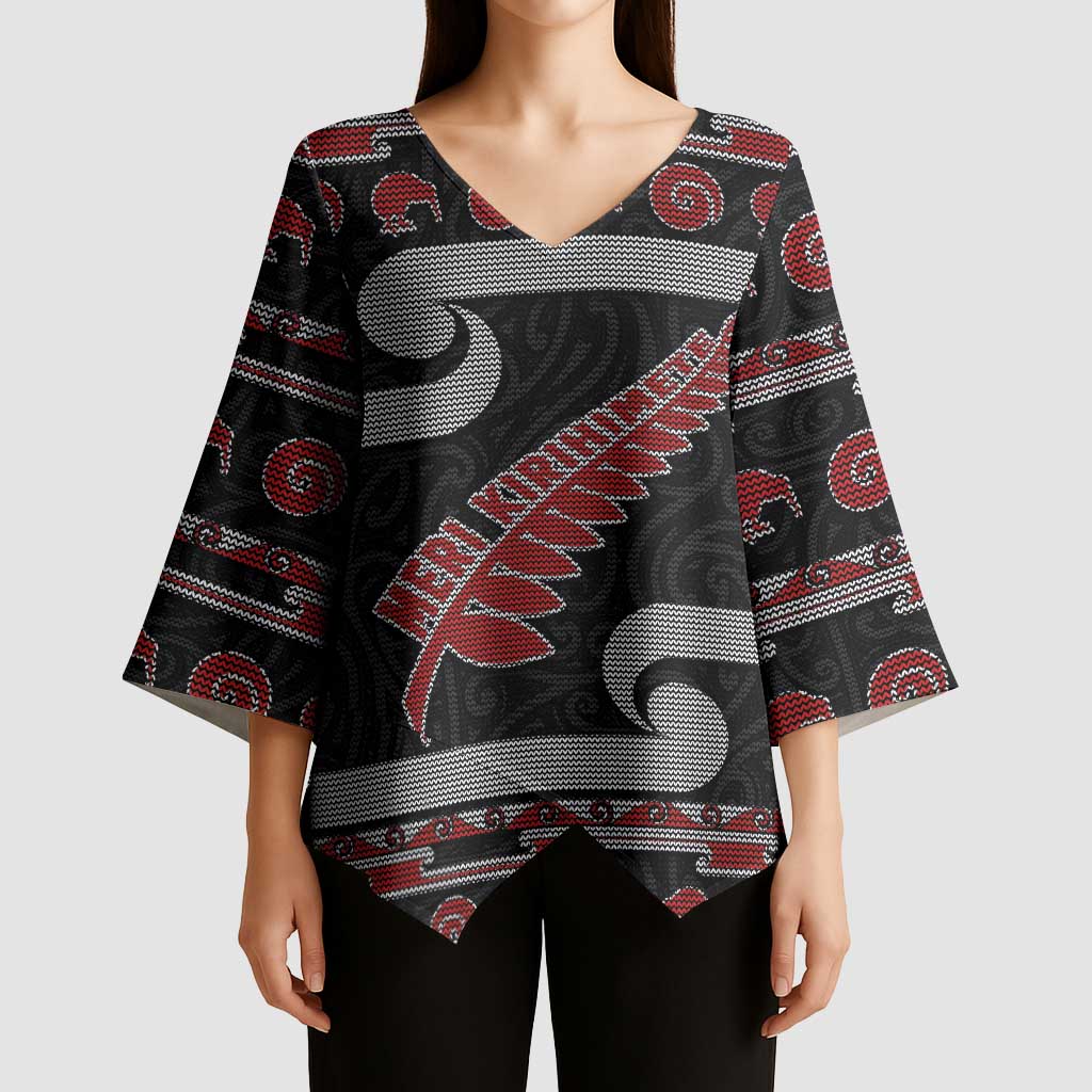 New Zealand Christmas Kimono Sleeve Blouse Meri Kirihimete Silver Fern Knit Style Red Color LT03 - Polynesian Pride
