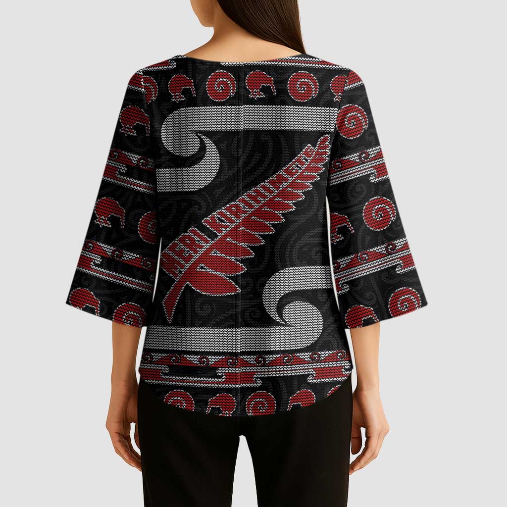 New Zealand Christmas Kimono Sleeve Blouse Meri Kirihimete Silver Fern Knit Style Red Color LT03 - Polynesian Pride