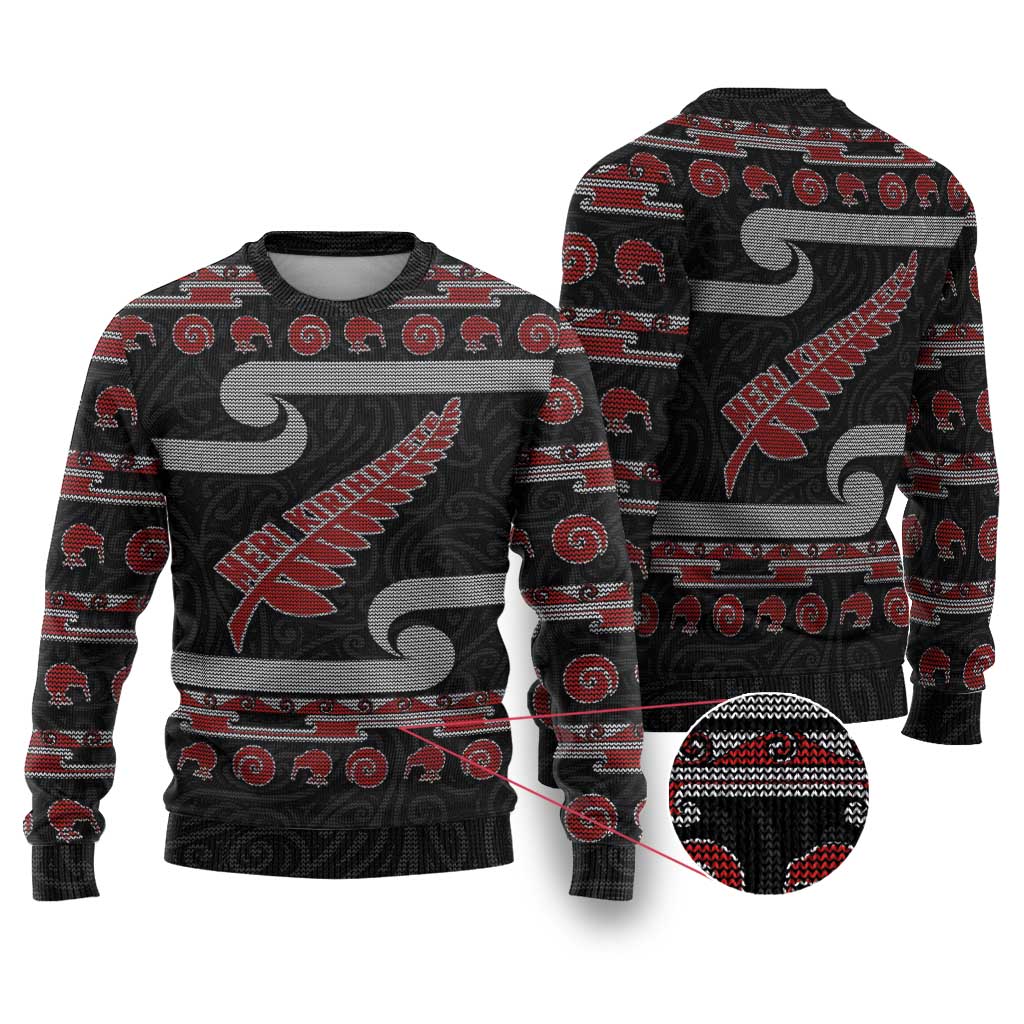 New Zealand Christmas Ugly Christmas Sweater Meri Kirihimete Silver Fern Knit Style Red Color - Polynesian Pride