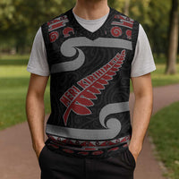 New Zealand Christmas Knitted V-Neck Vest Meri Kirihimete Silver Fern Knit Style Red Color LT03 - Polynesian Pride