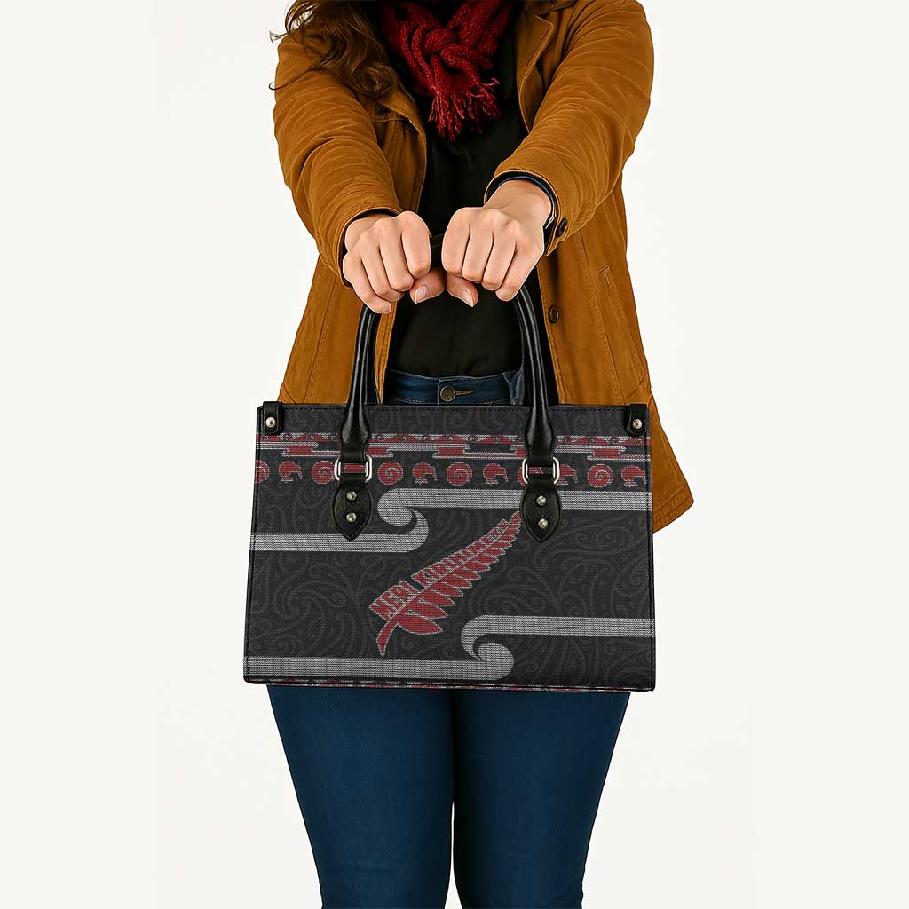 New Zealand Christmas Leather Bag Meri Kirihimete Silver Fern Knit Style Red Color LT03 - Polynesian Pride