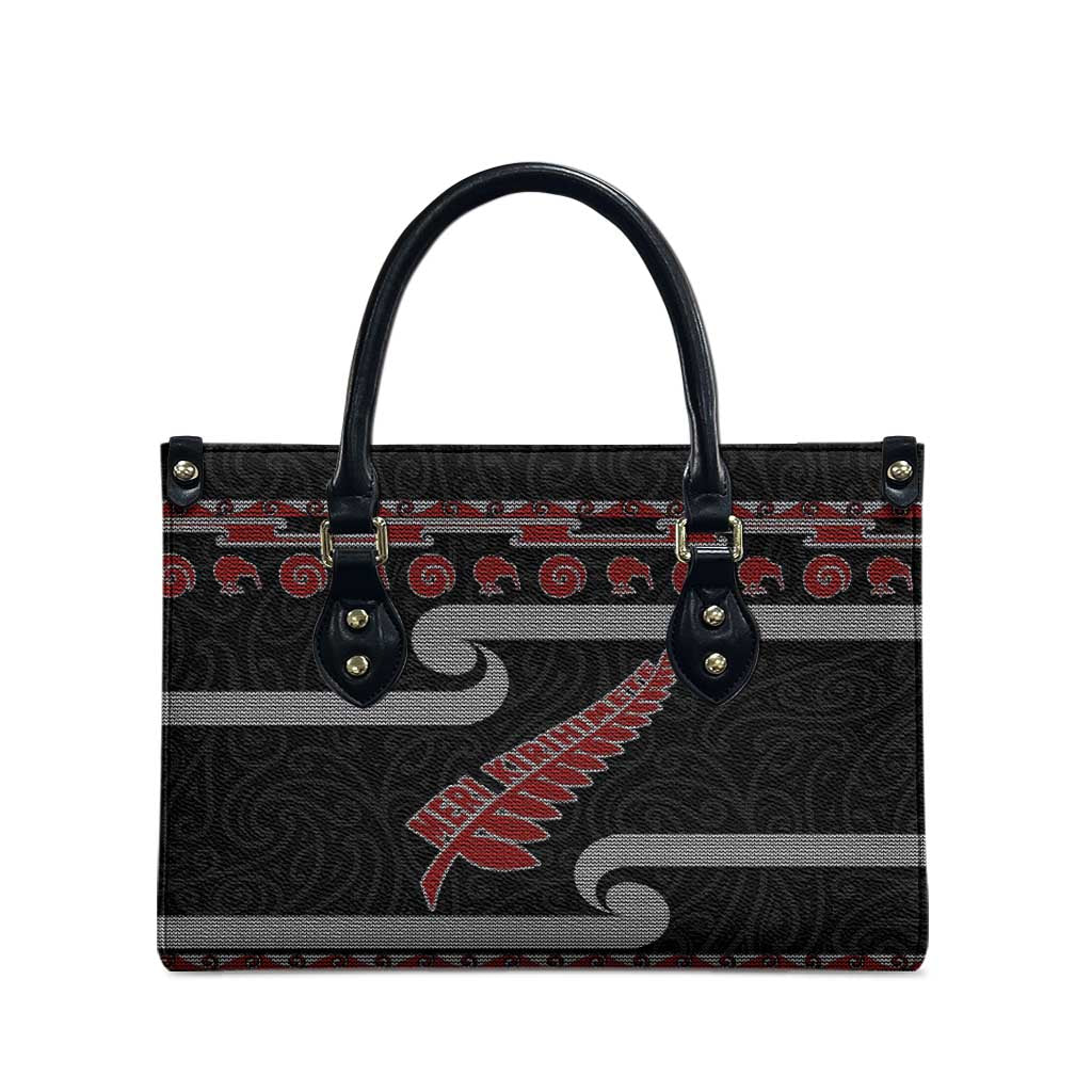 New Zealand Christmas Leather Bag Meri Kirihimete Silver Fern Knit Style Red Color LT03 - Polynesian Pride