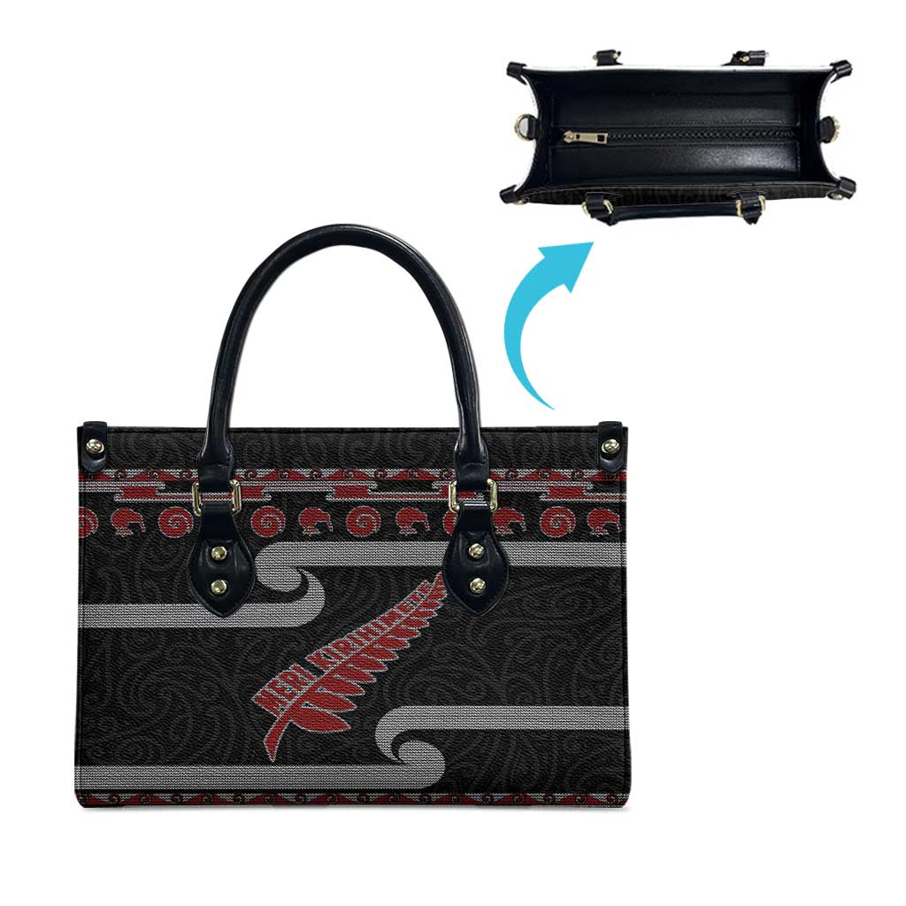 New Zealand Christmas Leather Bag Meri Kirihimete Silver Fern Knit Style Red Color LT03 - Polynesian Pride