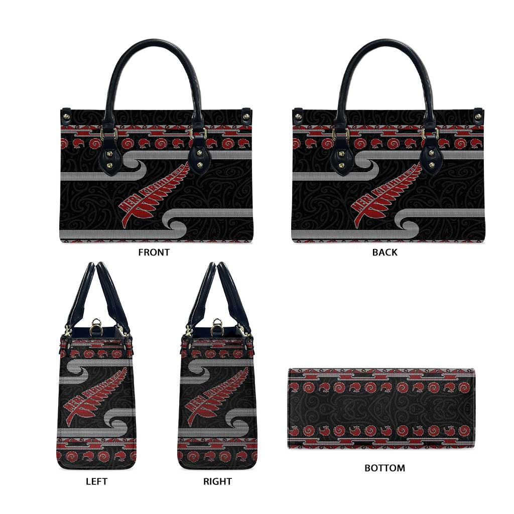New Zealand Christmas Leather Bag Meri Kirihimete Silver Fern Knit Style Red Color LT03 - Polynesian Pride