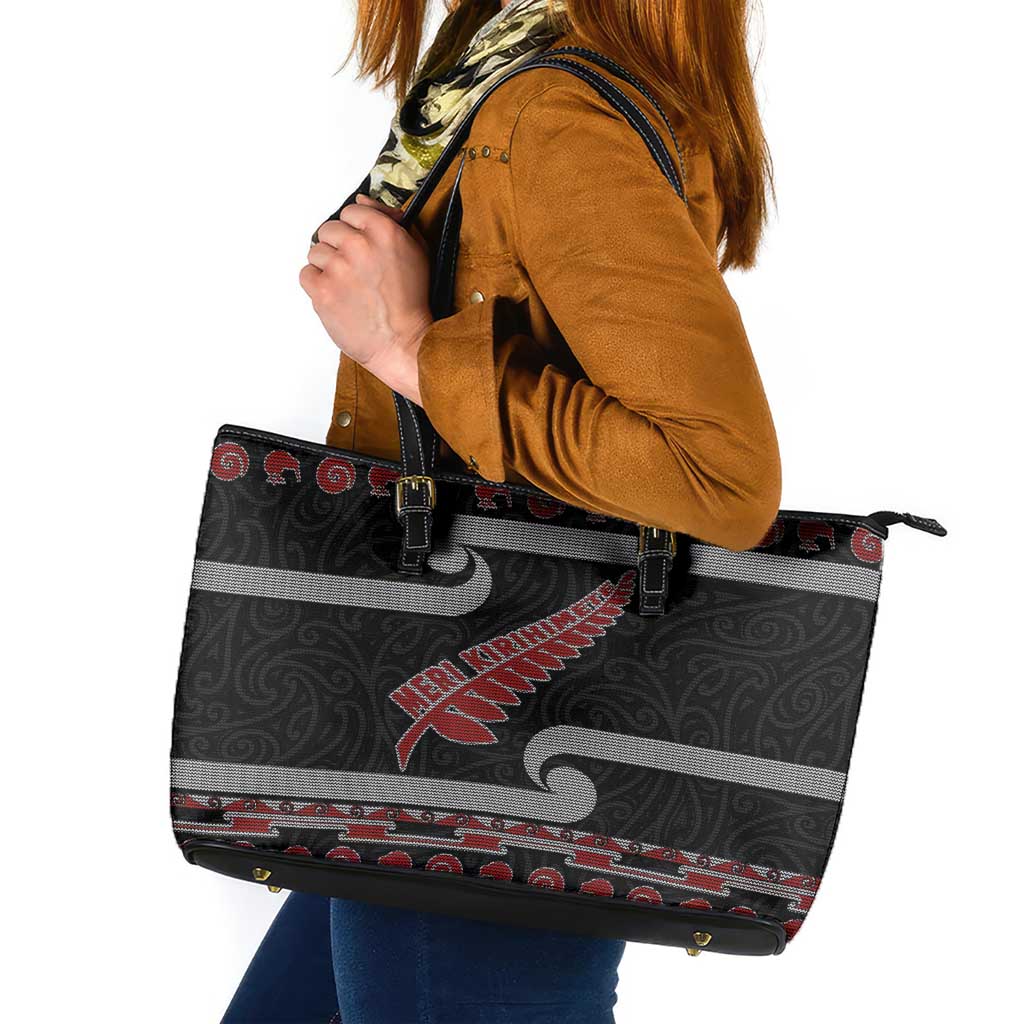New Zealand Christmas Leather Tote Bag Meri Kirihimete Silver Fern Knit Style Red Color - Polynesian Pride