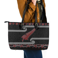 New Zealand Christmas Leather Tote Bag Meri Kirihimete Silver Fern Knit Style Red Color LT03 - Polynesian Pride