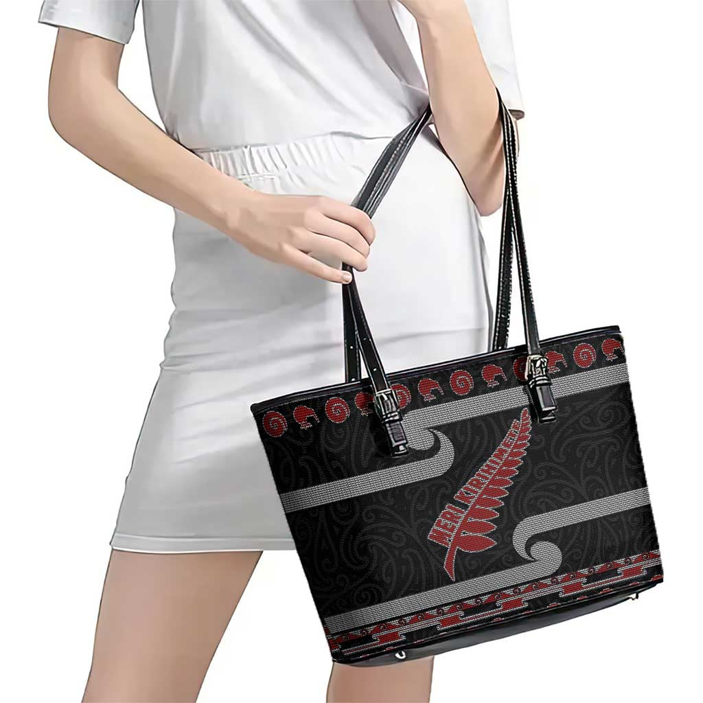New Zealand Christmas Leather Tote Bag Meri Kirihimete Silver Fern Knit Style Red Color LT03 - Polynesian Pride