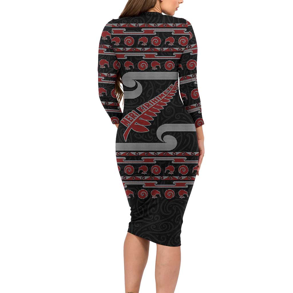 New Zealand Christmas Long Sleeve Bodycon Dress Meri Kirihimete Silver Fern Knit Style Red Color LT03 - Polynesian Pride