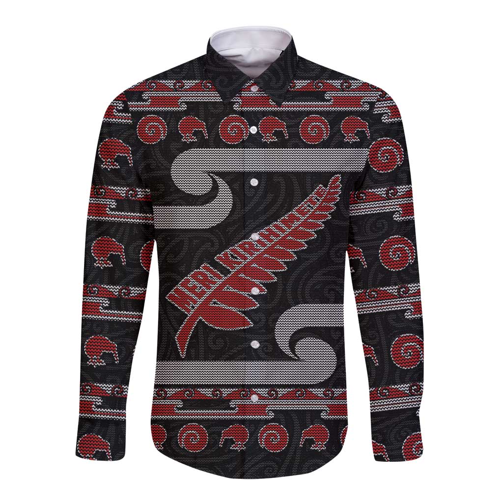 New Zealand Christmas Long Sleeve Button Shirt Meri Kirihimete Silver Fern Knit Style Red Color LT03 Unisex Red - Polynesian Pride