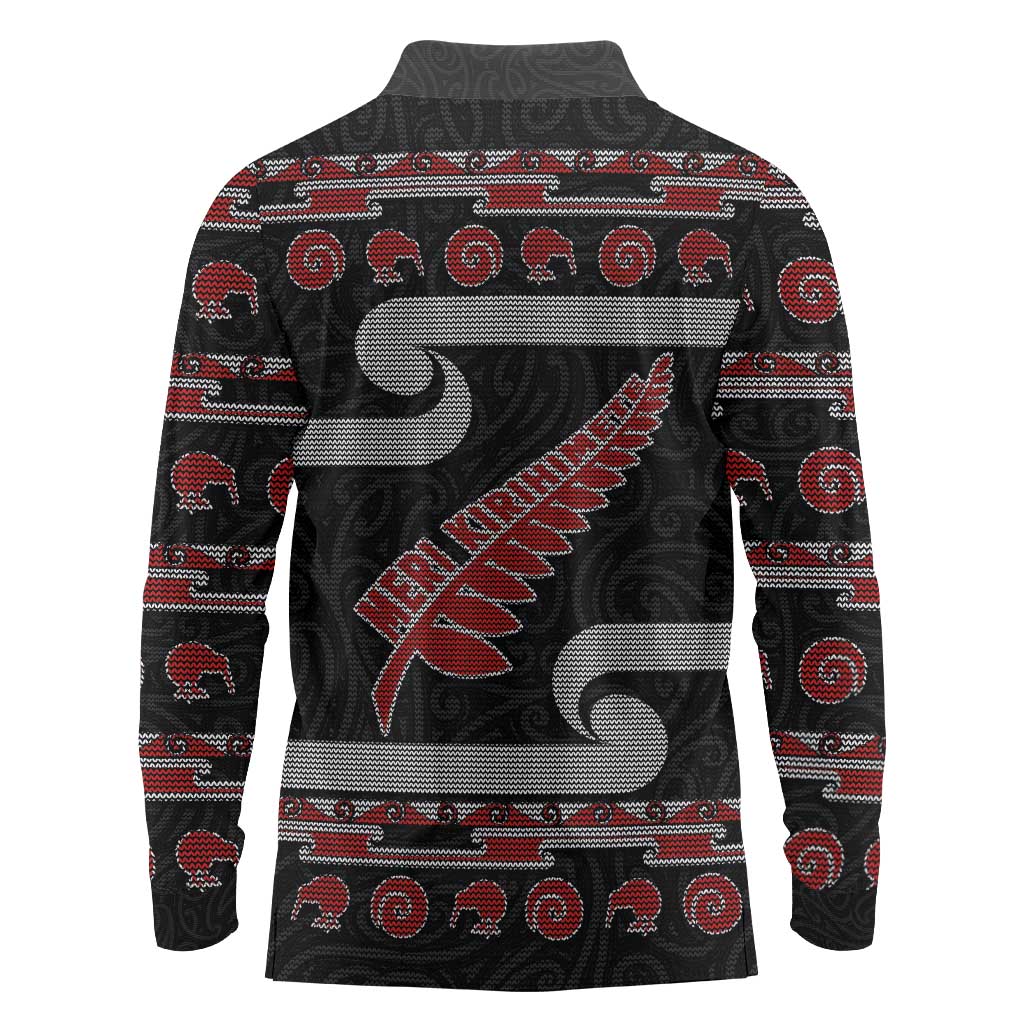 New Zealand Christmas Long Sleeve Polo Shirt Meri Kirihimete Silver Fern Knit Style Red Color LT03 - Polynesian Pride