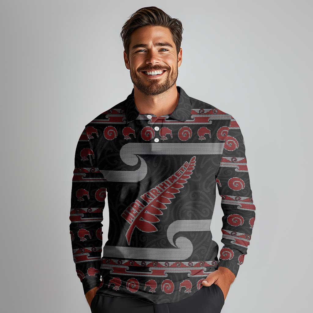 New Zealand Christmas Long Sleeve Polo Shirt Meri Kirihimete Silver Fern Knit Style Red Color LT03 - Polynesian Pride