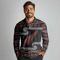 New Zealand Christmas Long Sleeve Polo Shirt Meri Kirihimete Silver Fern Knit Style Red Color LT03 - Polynesian Pride