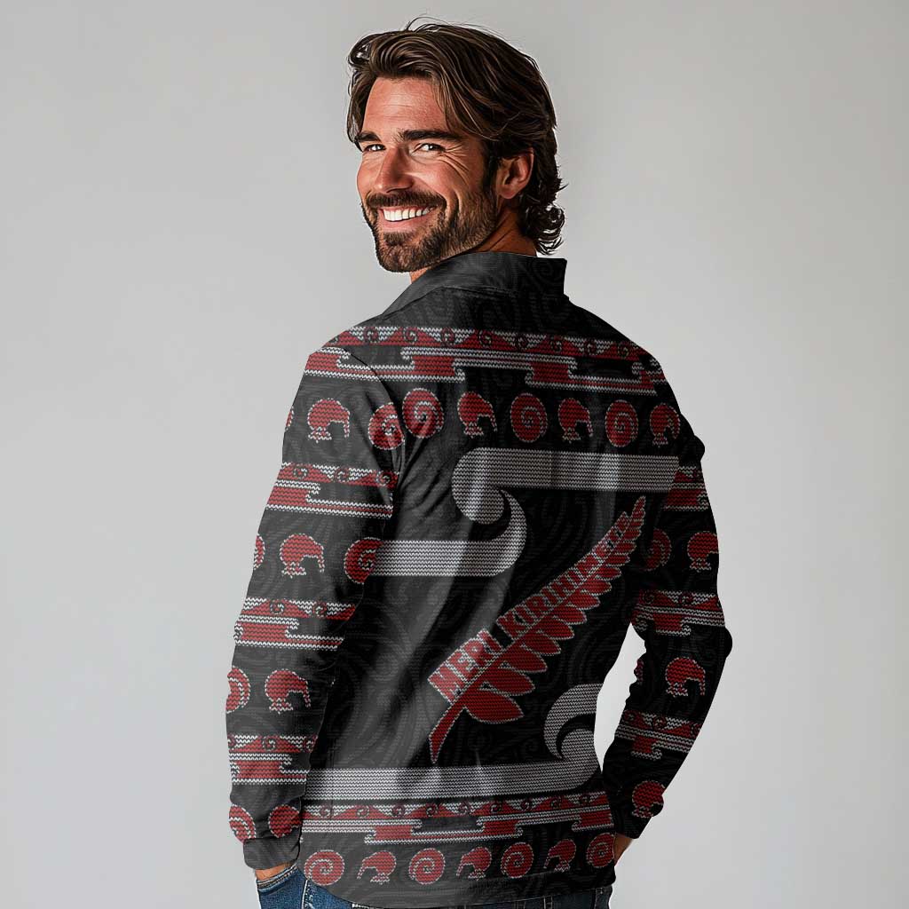New Zealand Christmas Long Sleeve Polo Shirt Meri Kirihimete Silver Fern Knit Style Red Color LT03 - Polynesian Pride