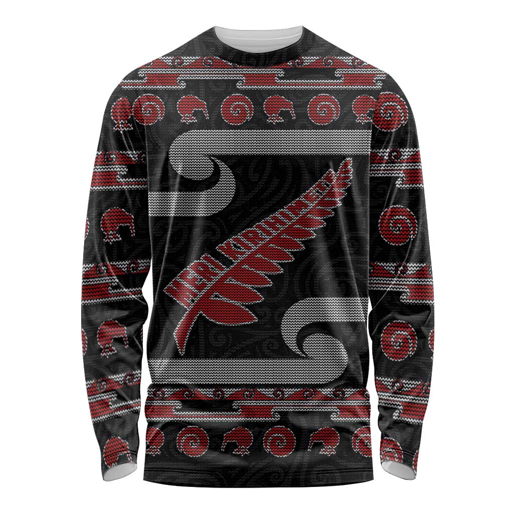 New Zealand Christmas Long Sleeve Shirt Meri Kirihimete Silver Fern Knit Style Red Color LT03 Unisex Red - Polynesian Pride