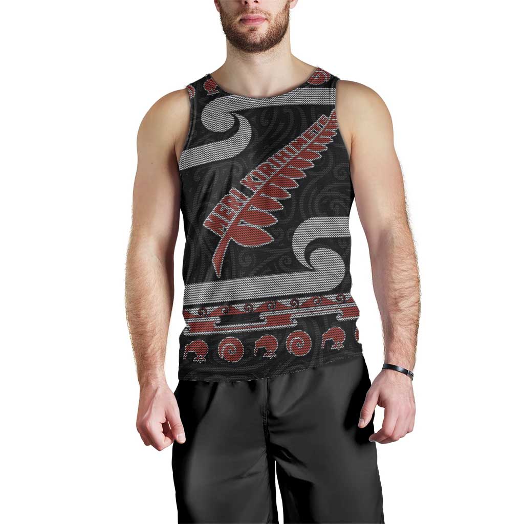 New Zealand Christmas Men Tank Top Meri Kirihimete Silver Fern Knit Style Red Color LT03 - Polynesian Pride