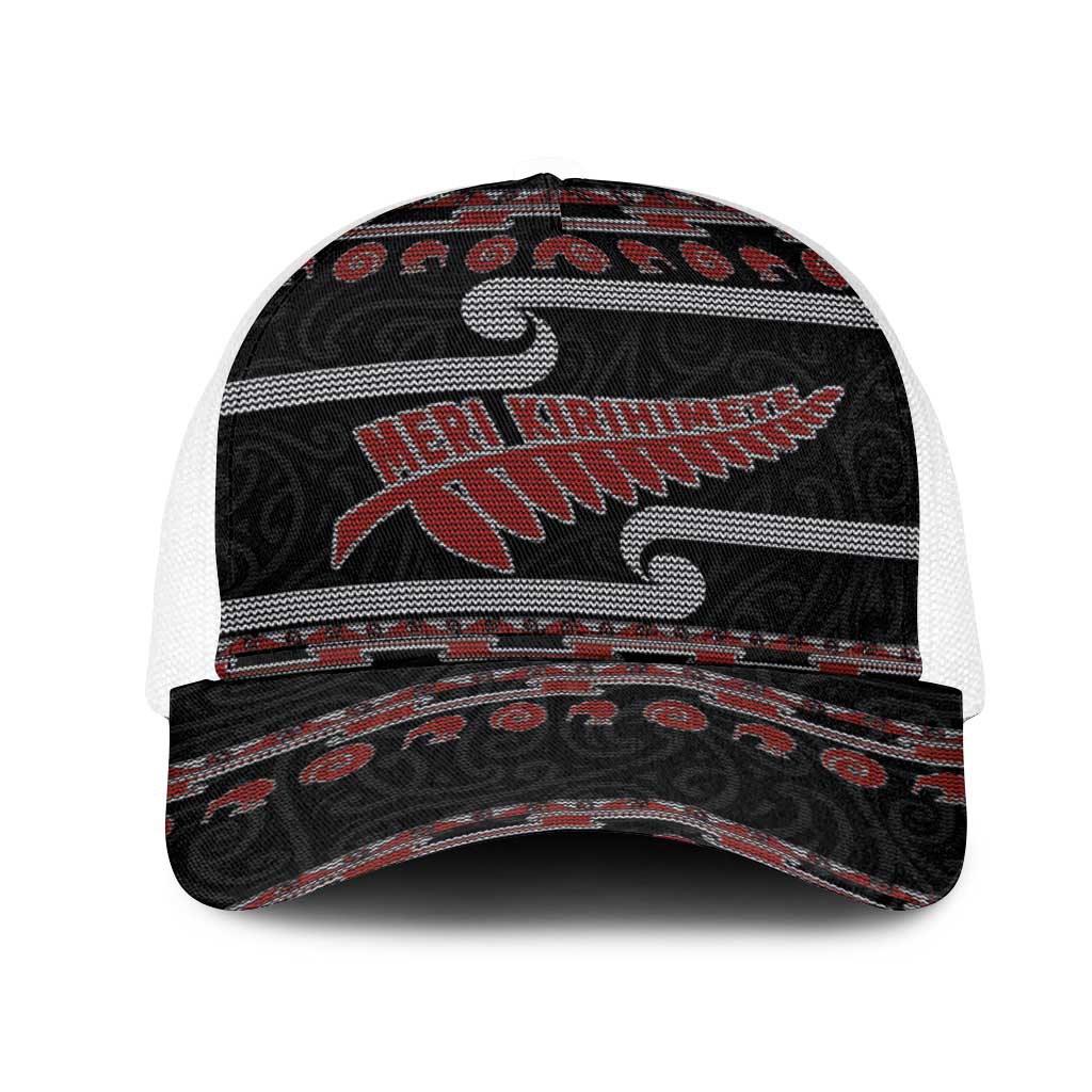 New Zealand Christmas Mesh Trucker Cap Meri Kirihimete Silver Fern Knit Style Red Color LT03 One Size White Red - Polynesian Pride