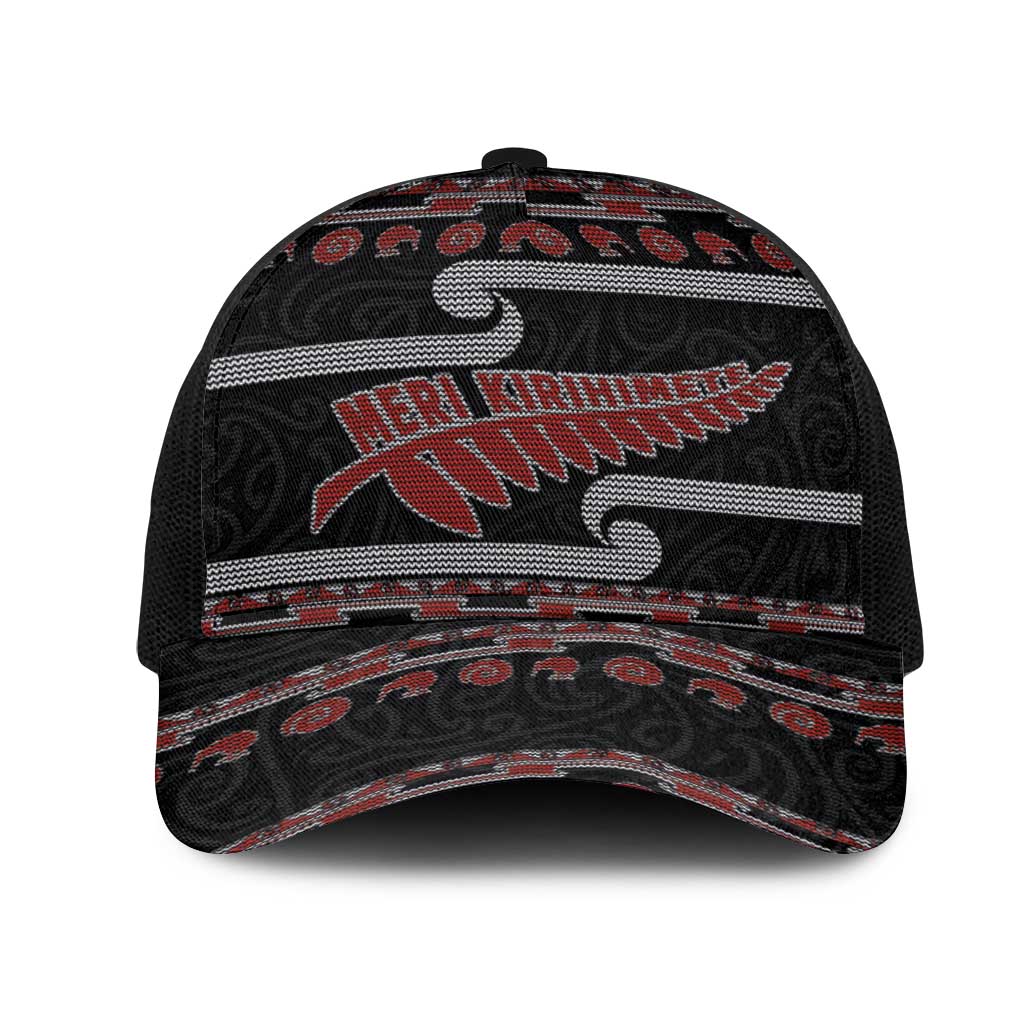 New Zealand Christmas Mesh Trucker Cap Meri Kirihimete Silver Fern Knit Style Red Color LT03 One Size Black Red - Polynesian Pride