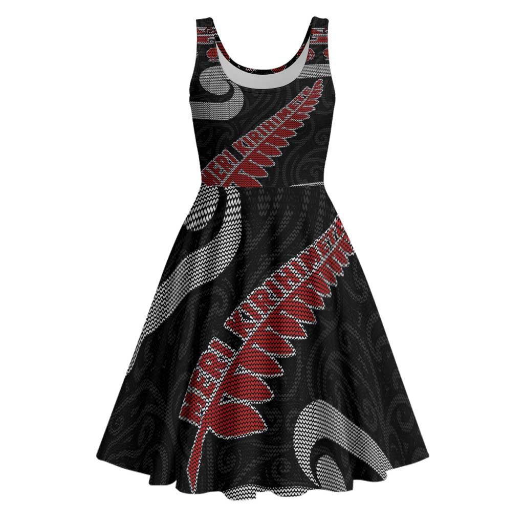 New Zealand Christmas Midi Dress Meri Kirihimete Silver Fern Knit Style Red Color LT03 Red - Polynesian Pride