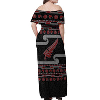 New Zealand Christmas Off Shoulder Maxi Dress Meri Kirihimete Silver Fern Knit Style Red Color LT03 - Polynesian Pride