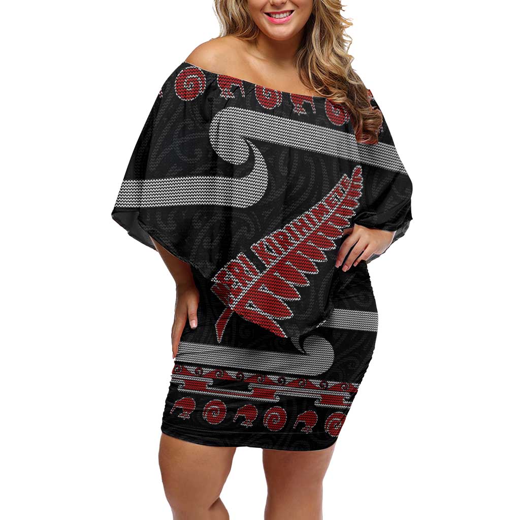 New Zealand Christmas Off Shoulder Short Dress Meri Kirihimete Silver Fern Knit Style Red Color LT03 Women Red - Polynesian Pride