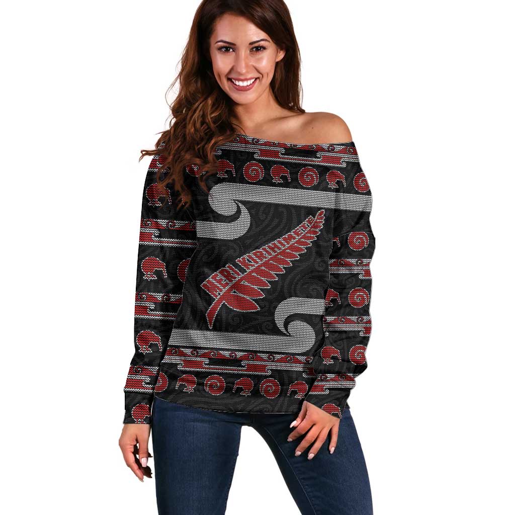 New Zealand Christmas Off Shoulder Sweater Meri Kirihimete Silver Fern Knit Style Red Color - Polynesian Pride