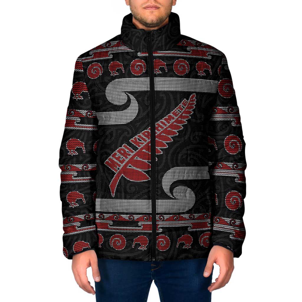 New Zealand Christmas Padded Jacket Meri Kirihimete Silver Fern Knit Style Red Color LT03 Men Red - Polynesian Pride
