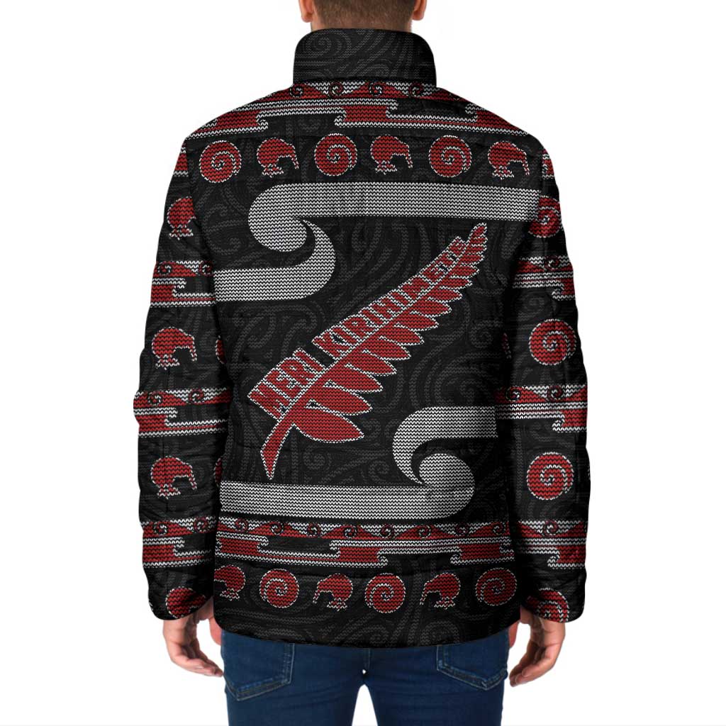 New Zealand Christmas Padded Jacket Meri Kirihimete Silver Fern Knit Style Red Color LT03 - Polynesian Pride