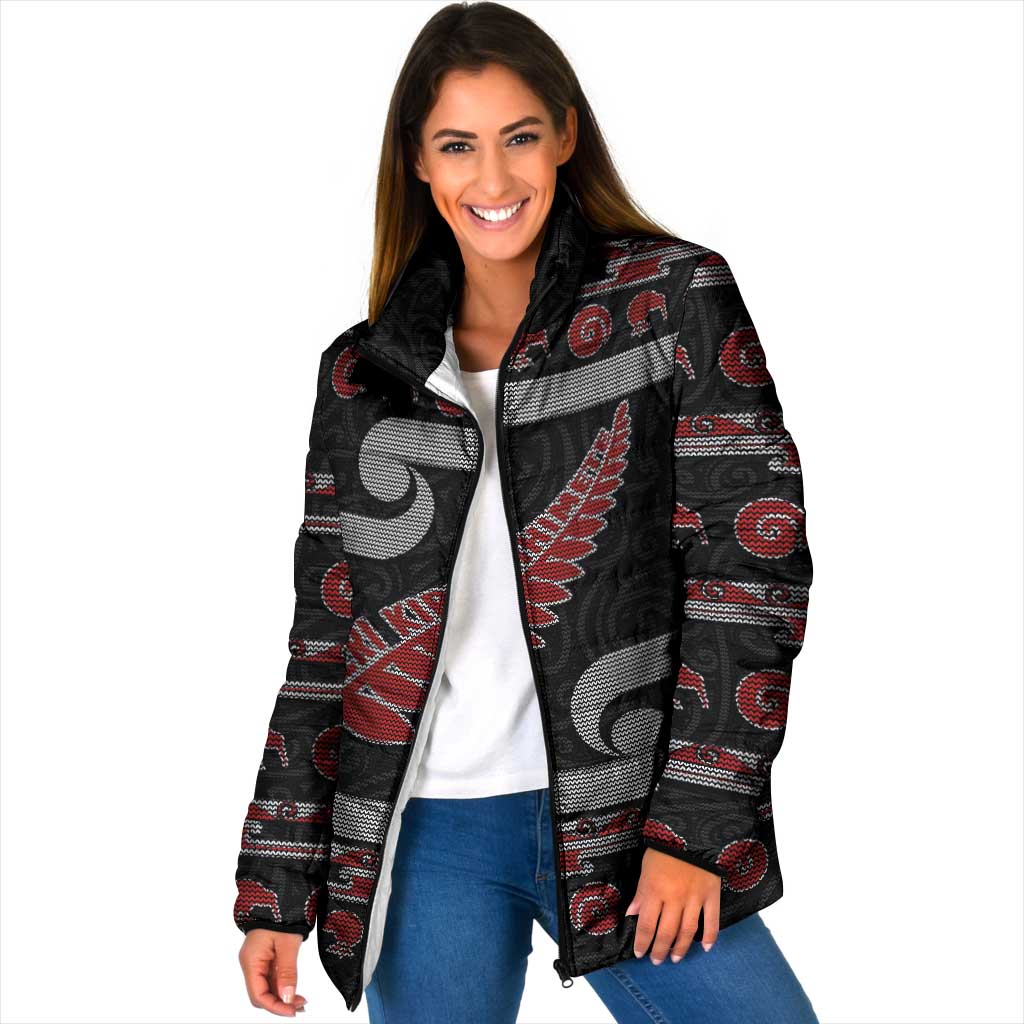 New Zealand Christmas Padded Jacket Meri Kirihimete Silver Fern Knit Style Red Color LT03 Women Red - Polynesian Pride