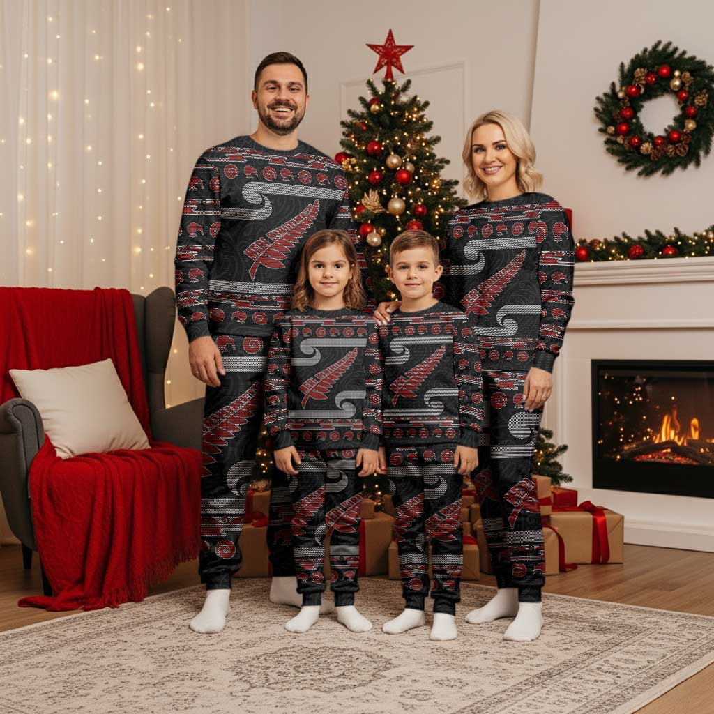 New Zealand Christmas Pajama Set Meri Kirihimete Silver Fern Knit Style Red Color - Polynesian Pride