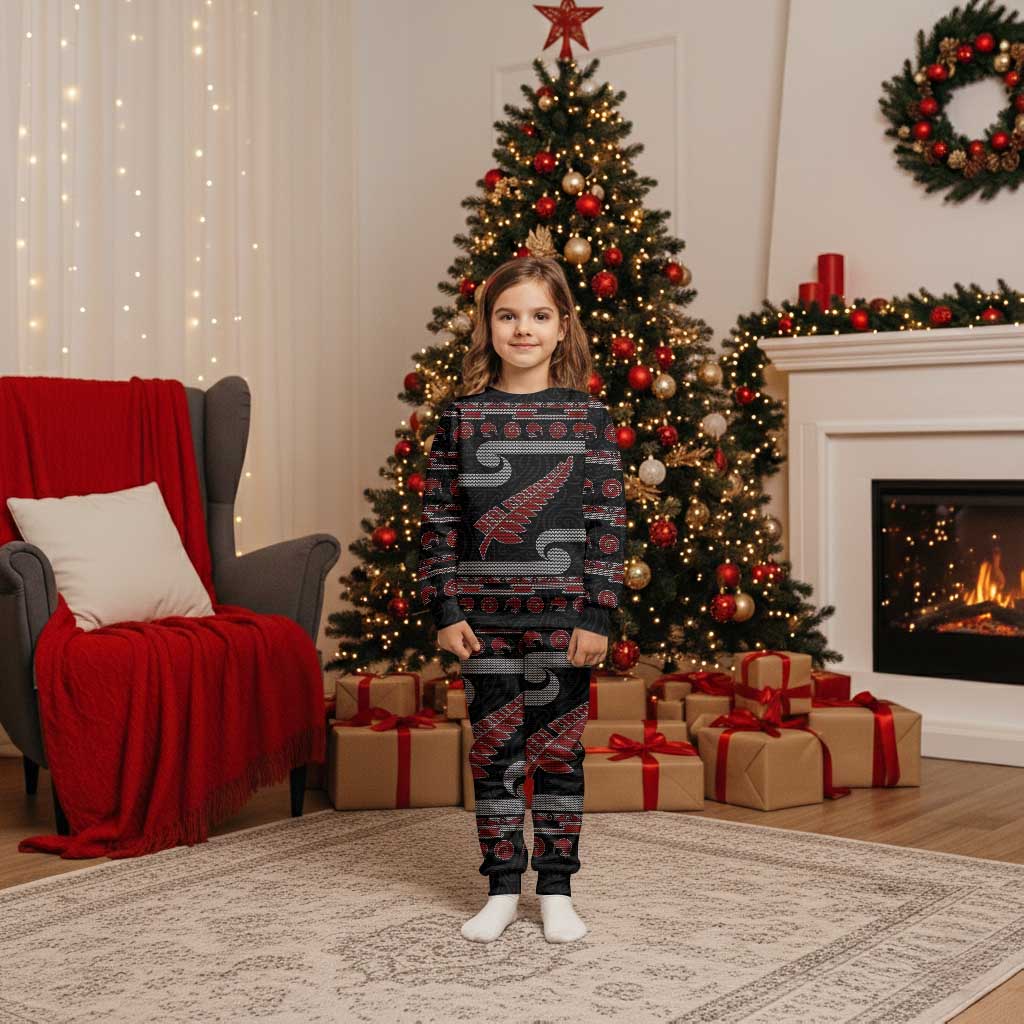 New Zealand Christmas Pajama Set Meri Kirihimete Silver Fern Knit Style Red Color LT03 Kid Red - Polynesian Pride
