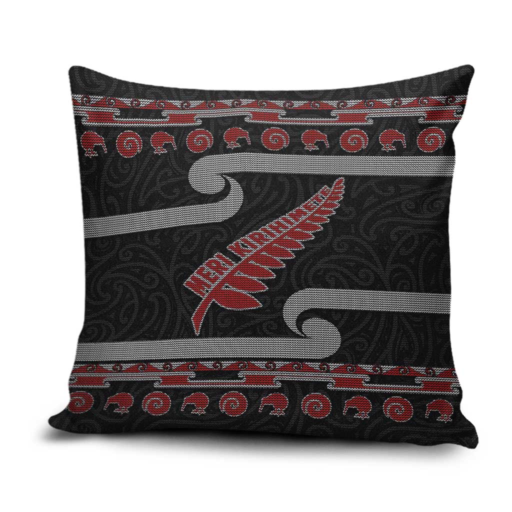 New Zealand Christmas Pillow Cover Meri Kirihimete Silver Fern Knit Style Red Color LT03 Red - Polynesian Pride