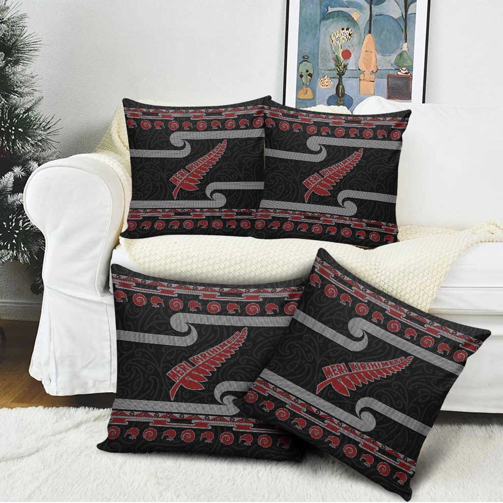 New Zealand Christmas Pillow Cover Meri Kirihimete Silver Fern Knit Style Red Color LT03 - Polynesian Pride