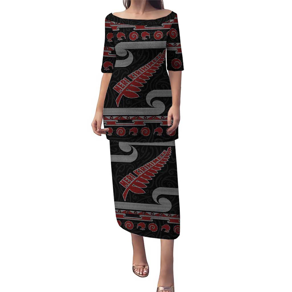 New Zealand Christmas Puletasi Meri Kirihimete Silver Fern Knit Style Red Color LT03 Long Dress Red - Polynesian Pride