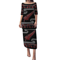 New Zealand Christmas Puletasi Meri Kirihimete Silver Fern Knit Style Red Color LT03 Long Dress Red - Polynesian Pride