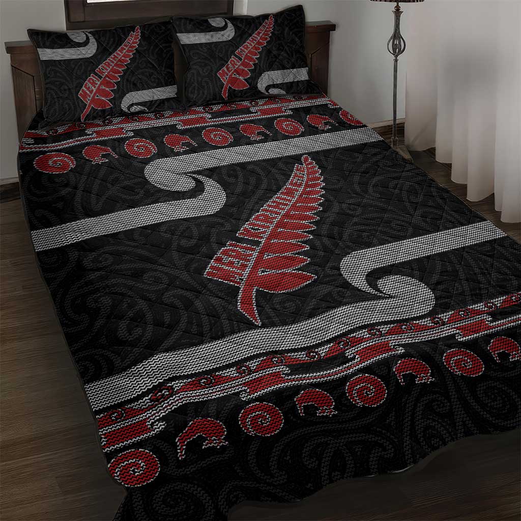 New Zealand Christmas Quilt Bed Set Meri Kirihimete Silver Fern Knit Style Red Color LT03 Red - Polynesian Pride