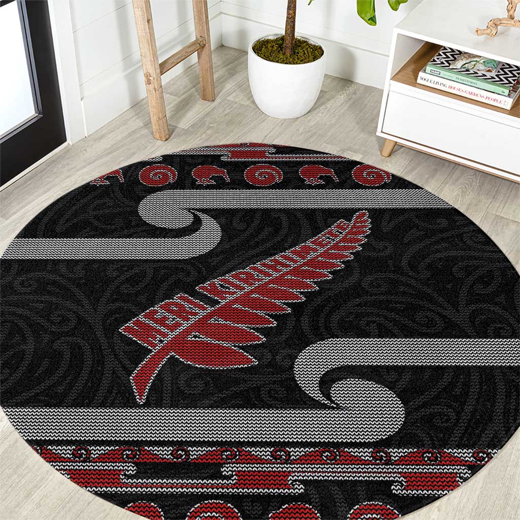 New Zealand Christmas Round Carpet Meri Kirihimete Silver Fern Knit Style Red Color LT03 Red - Polynesian Pride