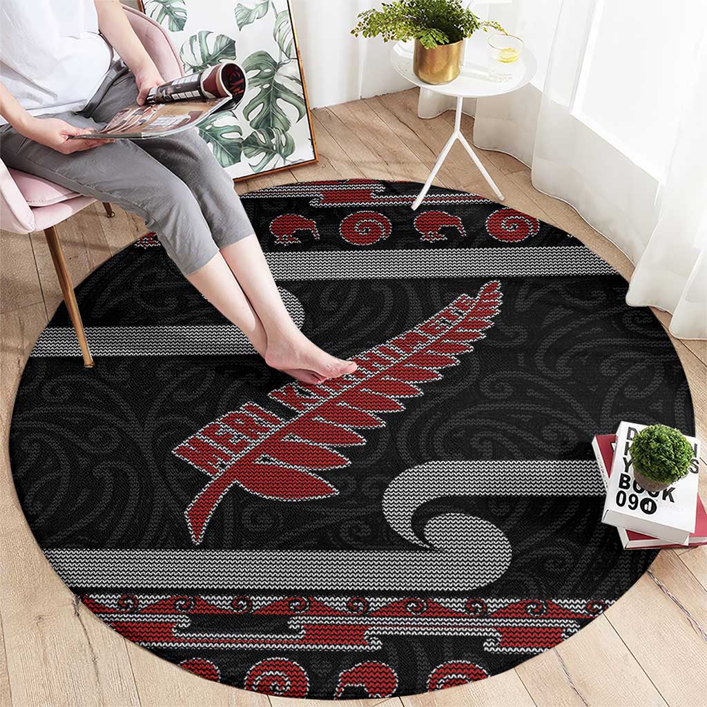 New Zealand Christmas Round Carpet Meri Kirihimete Silver Fern Knit Style Red Color LT03 - Polynesian Pride